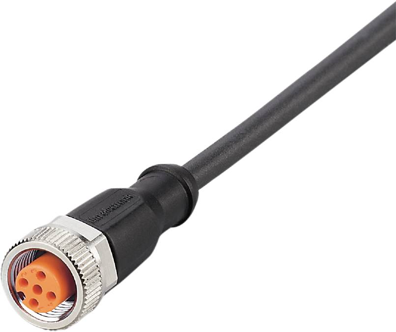 Crni M8 kabel s metalnim utikačem, okruglim narančastim umetkom i pet priključnih mjesta za električne spojeve, pogled iz blizine.