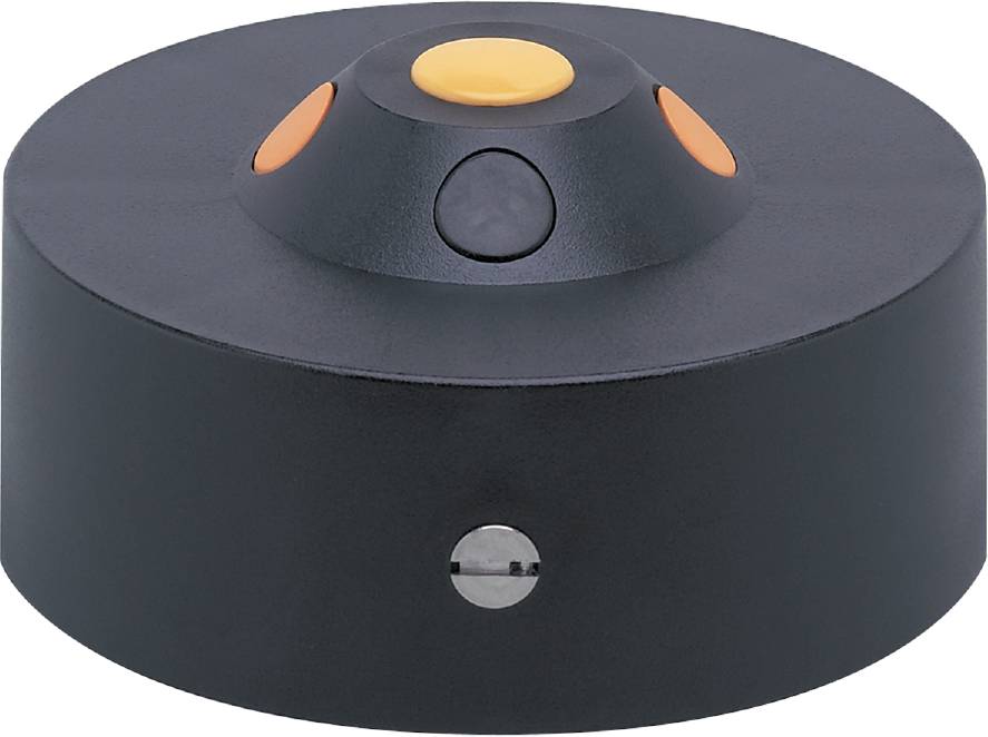 Crni okrugli senzor sa žutim i crnim oznakama, vjerojatno dio nekog tehničkog ili elektroničkog uređaja.