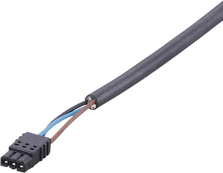 Crni kabel s tri obojene unutarnje žice (plava, smeđa, crna) završava u malom utikač.