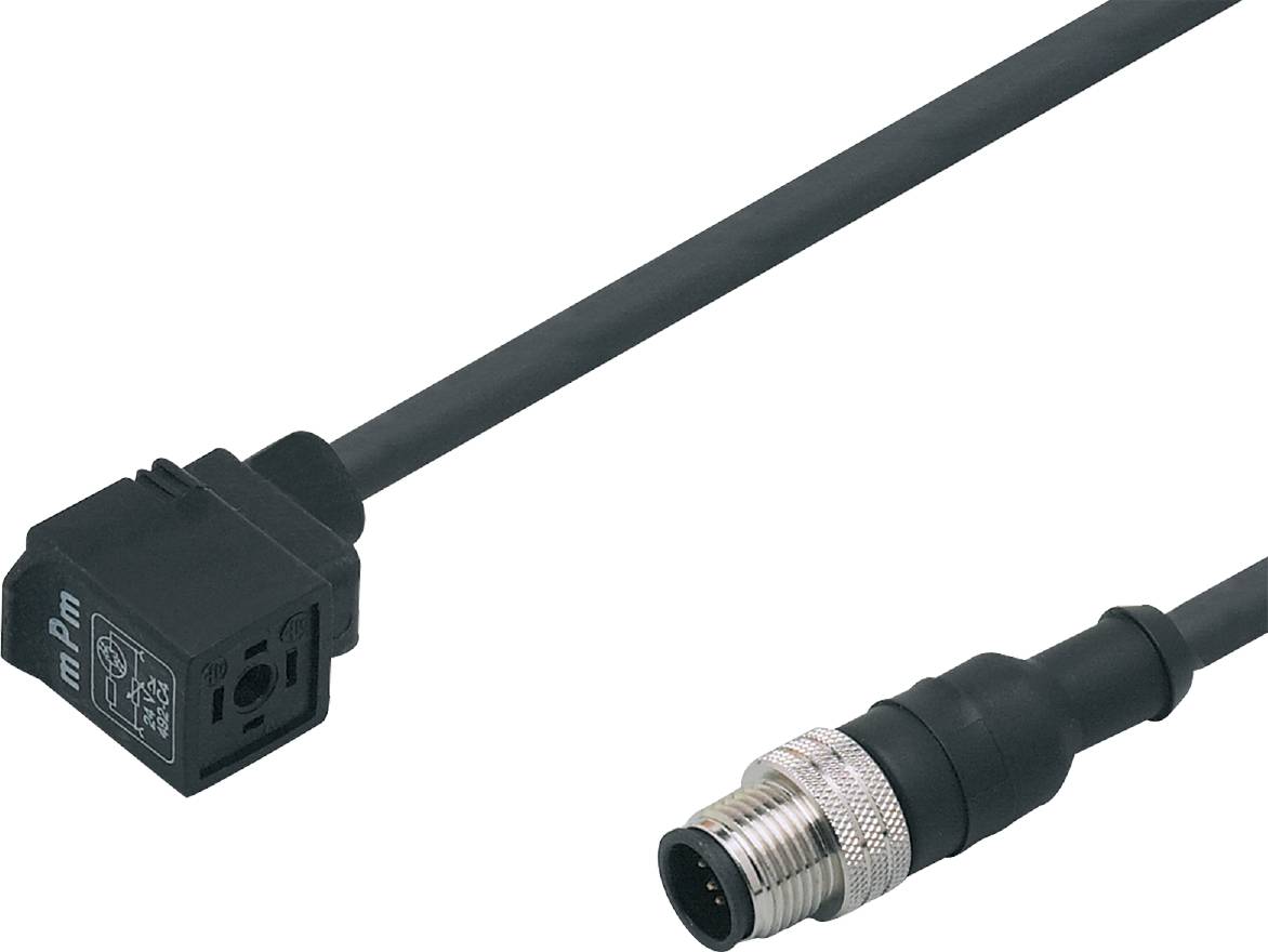 Crni električni kabel s kvadratnim utikačem na jednoj strani i okruglim, metalnim utikačem na drugoj strani.