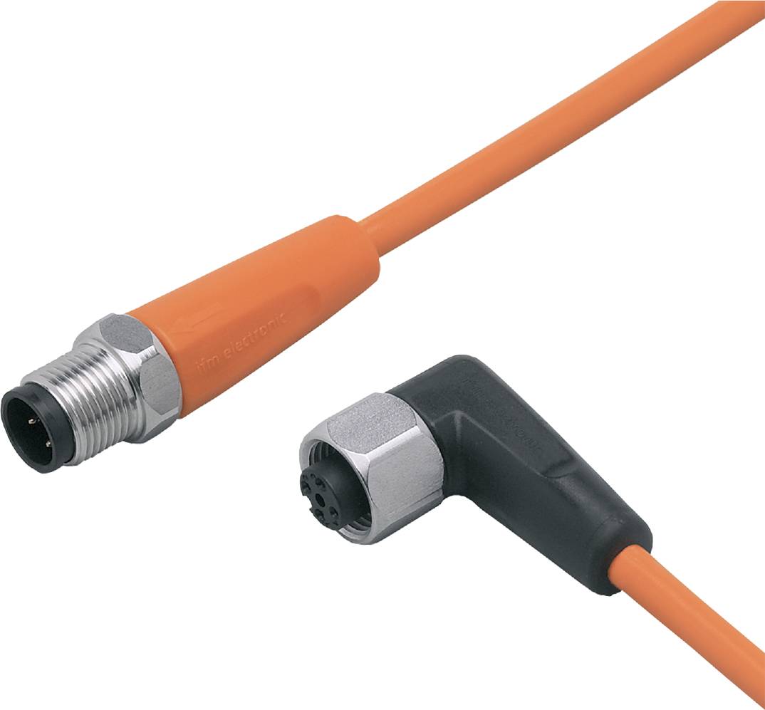 Narančasti kabel s M12 utičnicama: jedna je ravna, druga bajo. Pogodan za industrijske senzorske primjene.