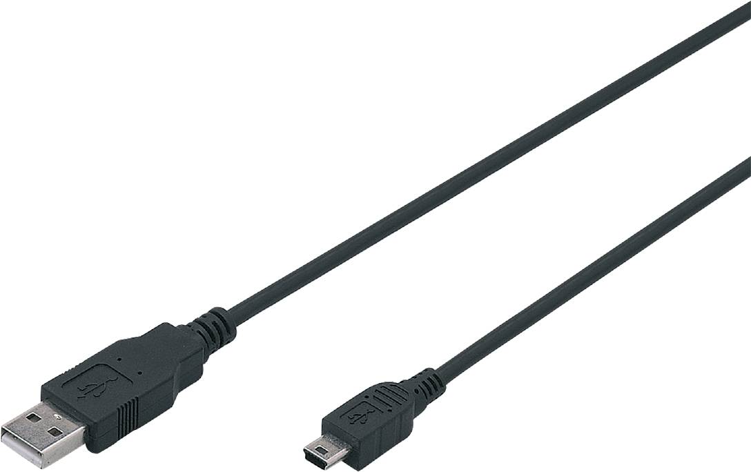 Crni USB kabel s mini USB priključkom na jednoj i standardnim USB-A priključkom na drugoj strani.