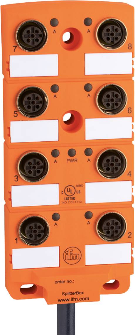 Narančasti električni modul s četiri priključka, numeriran od 3 do 6. Označen natpisima 'PWR', 'A', 'UL Listed'.
