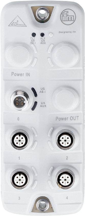 "Power IN" i "Power OUT" priključci na uređaju. Gore lijevo četveropolarni utičnica za ulaznu snagu. Dolje dva dodatna slična priključka.