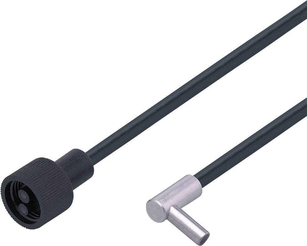 Crni kabel s okruglim konektorom i srebrnim T-oblikom završetkom na bijeloj pozadini.