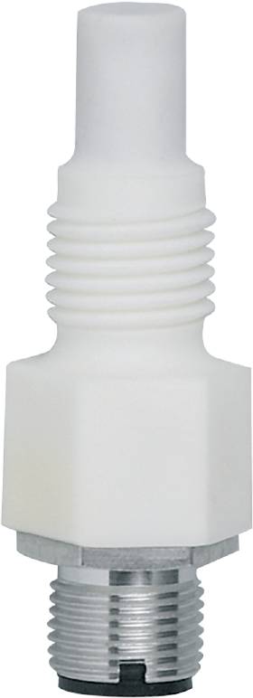 Bijeli, valoviti plastični element s širokim donjim rubom; mogao bi biti dio stroja ili spojnice cijevi.