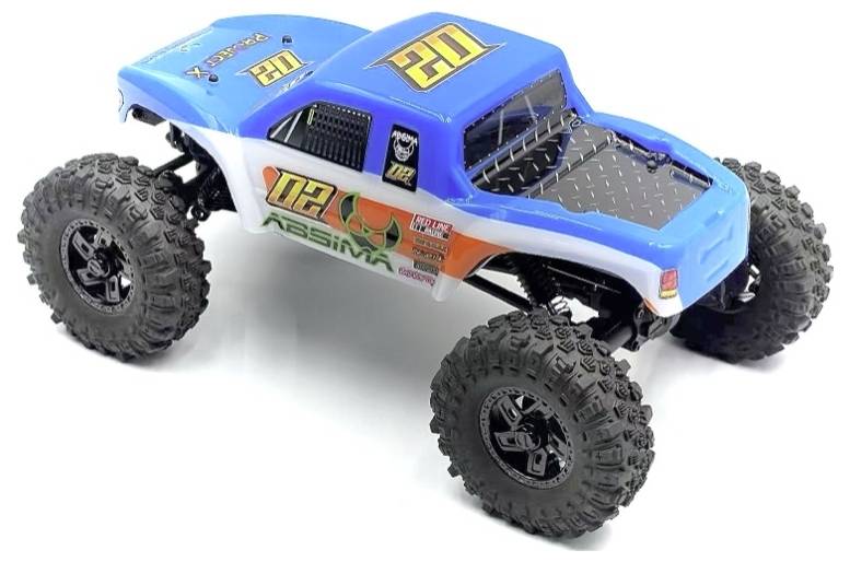 Plavi i bijeli daljinski upravljani monster truck s velikim gumama i brojem '102'.