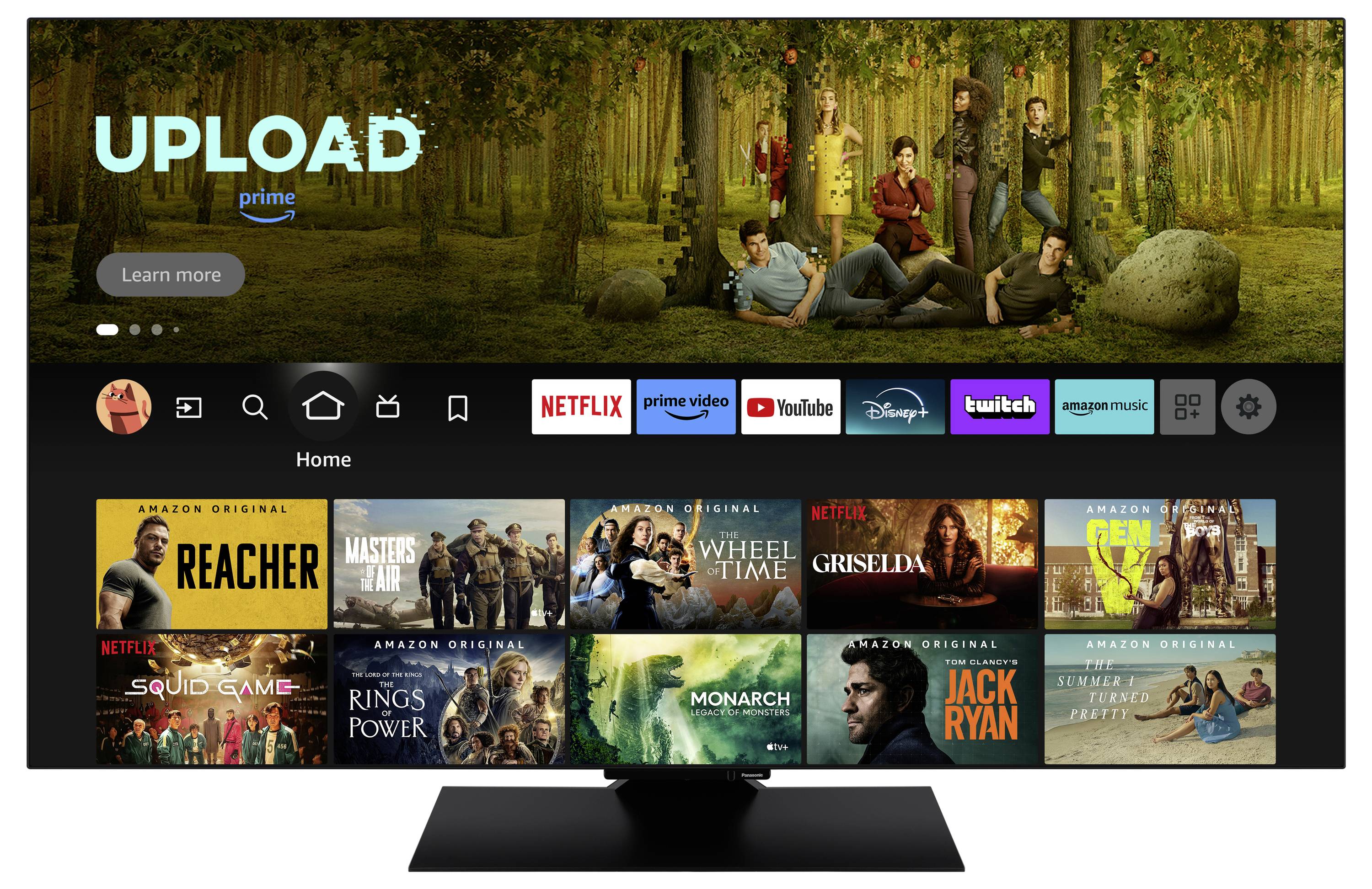 Početni zaslon pametnog TV-a s različitim streaming uslugama poput Netflixa, Prime Videoa i Disney+ te njihovim emisijama.