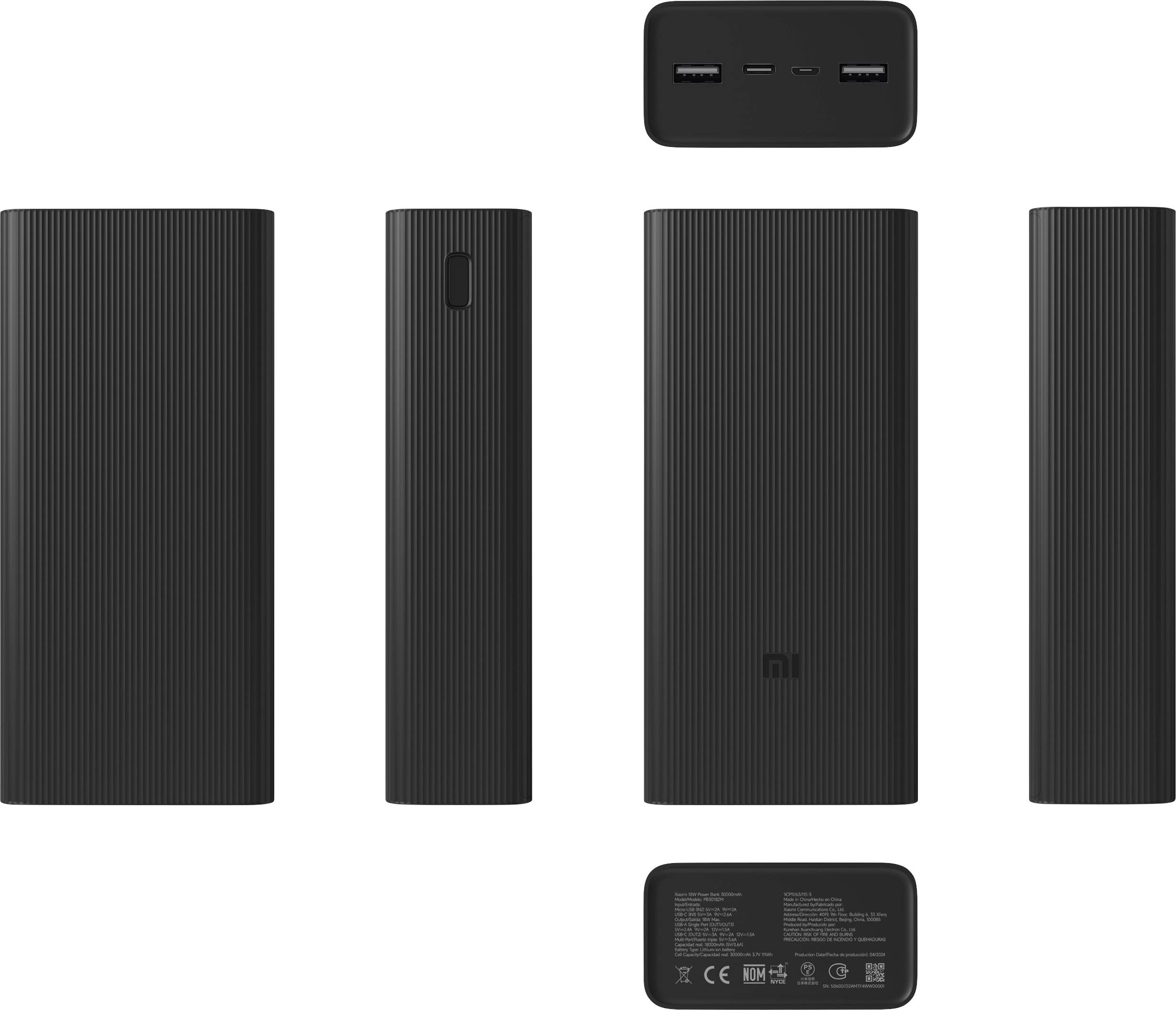 Pet crnih prijenosnih baterija iz različitih kutova. Prikazuju priključke i teksturu površine.