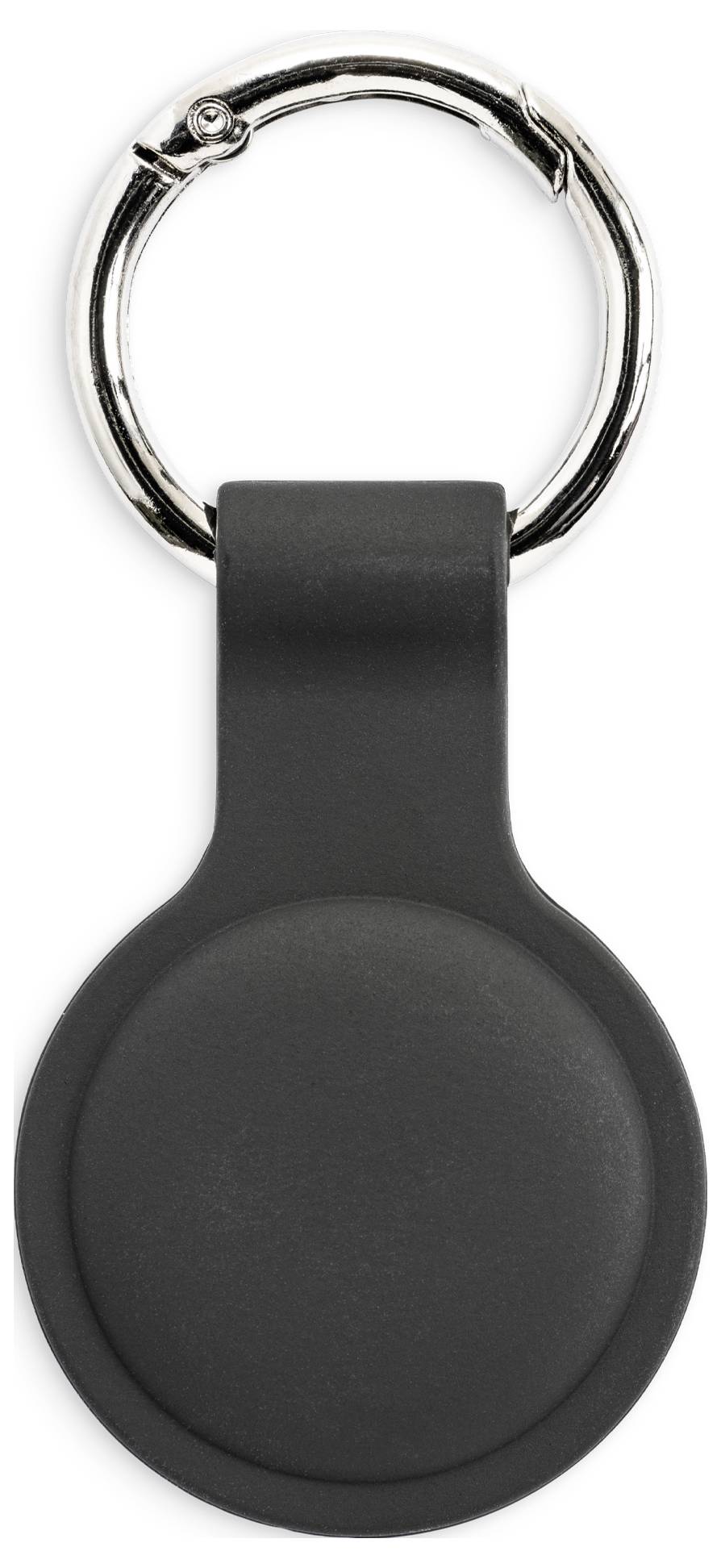 Crni okrugli privjesak za ključeve sa srebrnim prstenom, spreman za dodavanje privjeska ili pričvršćivanje na set ključeva.