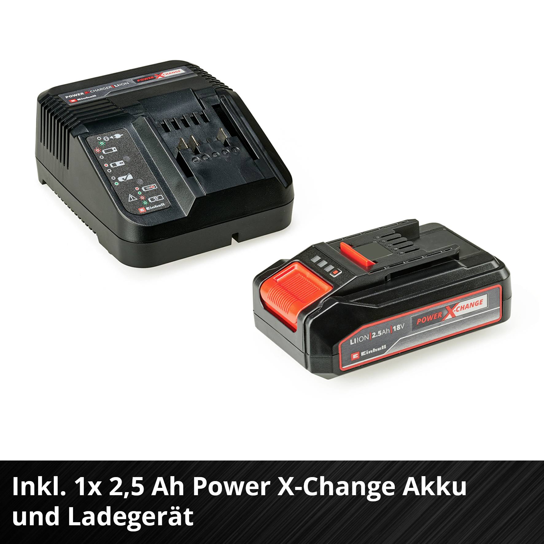 'Punjač i Power X-Change baterija, 18V, 2,5 Ah, na bijeloj pozadini. Tekst na slici: Uključuje 1x 2,5 Ah Power X-Change bateriju i punjač.'
