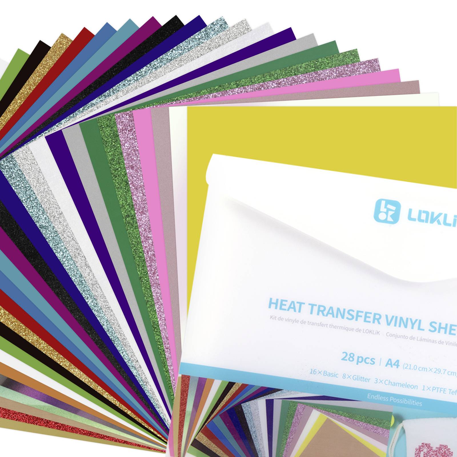 Složen snop vinilnih folija različitih boja, razvijen na omotu s natpisom 'Heat Transfer Vinyl Vinyl'.