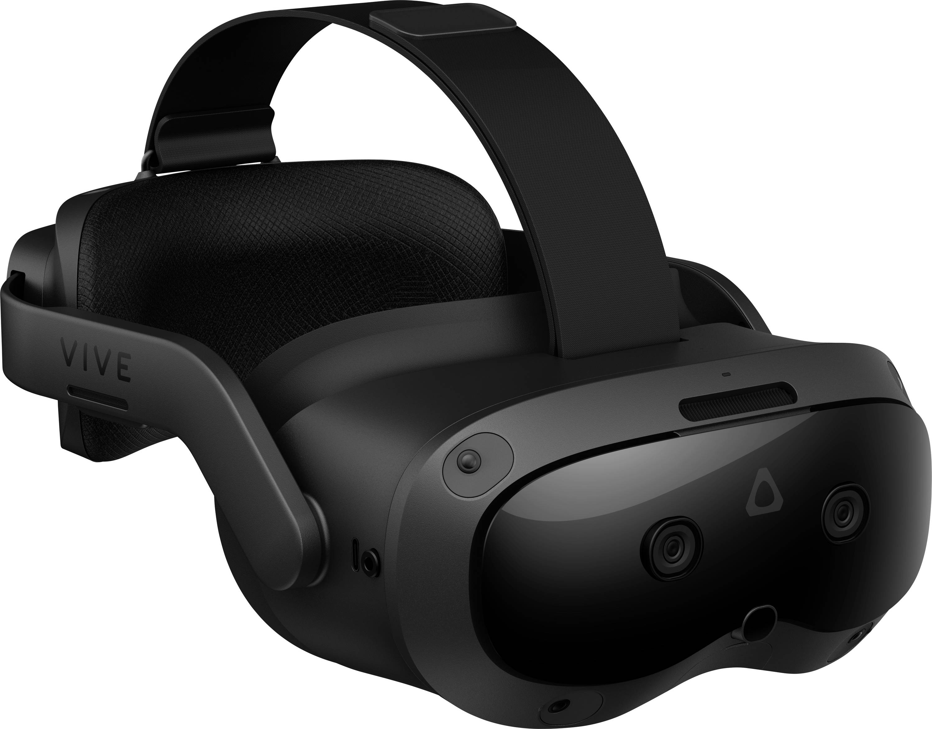 Crni VR headset s nekoliko senzora i širokom, podesivom trakom za glavu. Model je Vive.