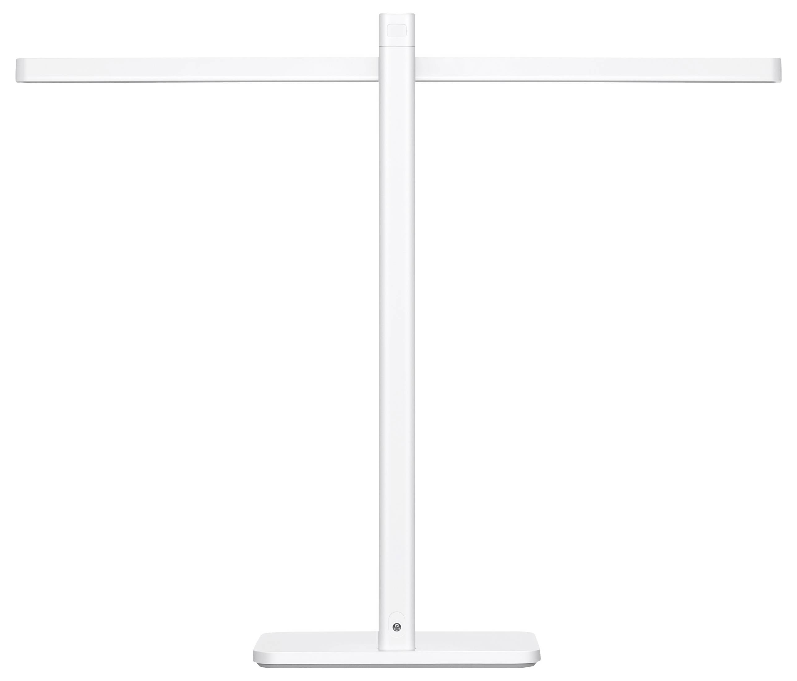 Bijela, minimalistička stolna lampa u T-obliku sa ravnim, horizontalnim krakom i stabilnom bazom.
