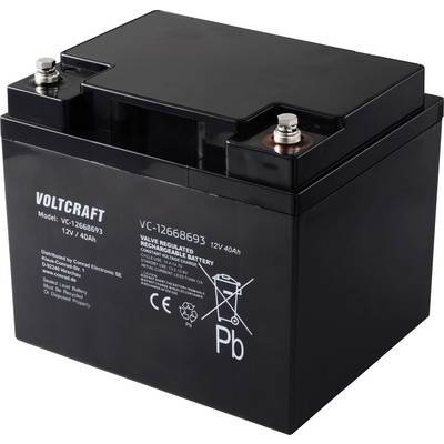 Crna autobaterija s natpisom 'VOLTCRAFT 12V 40Ah VC-1268693', pokraj simboli za olovo i recikliranje.