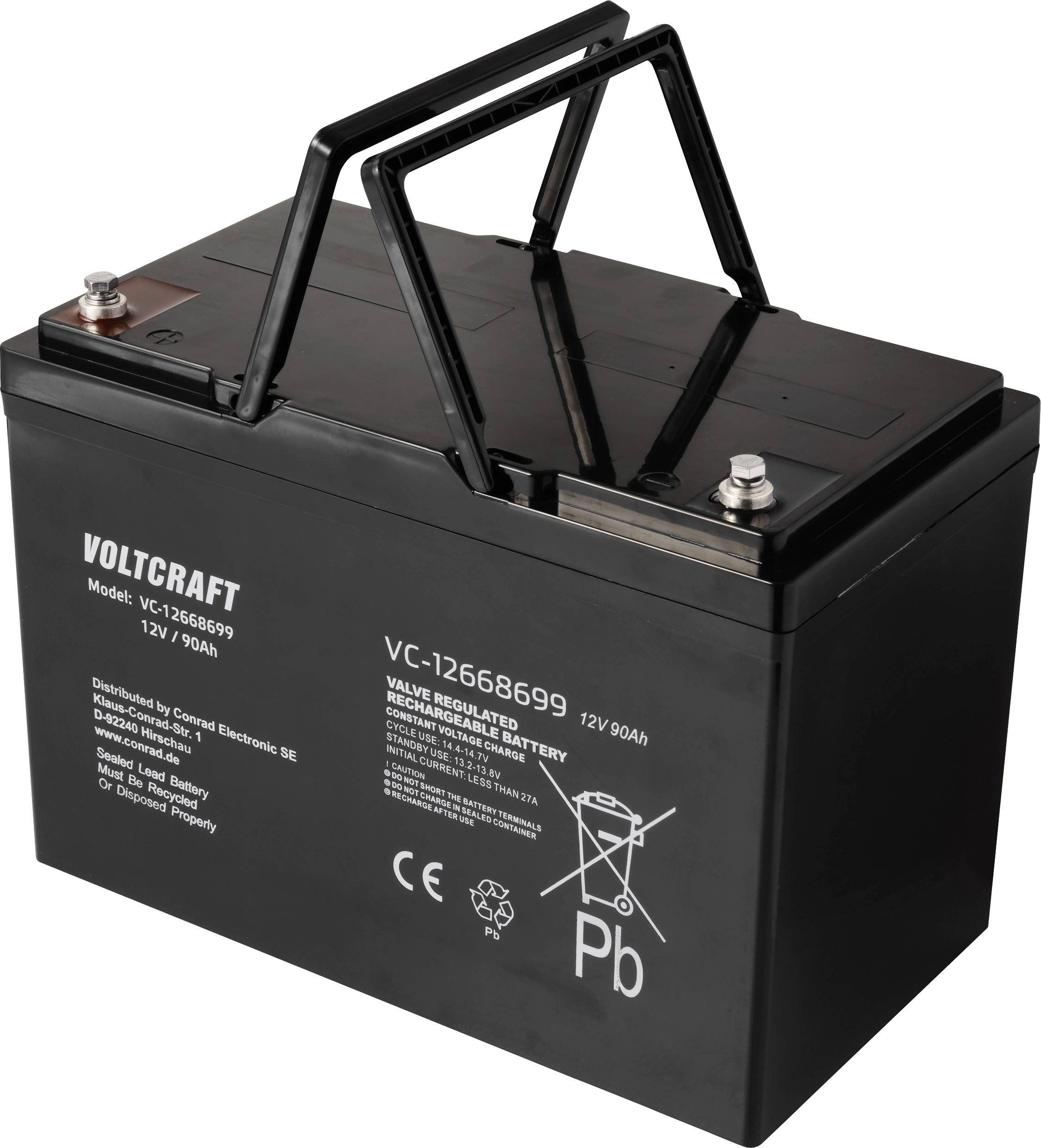 Crna VOLTCRAFT baterija, model VC-1268699, 12V/90Ah, s ručkom za nošenje i sigurnosnim i reciklažnim simbolima na površini.