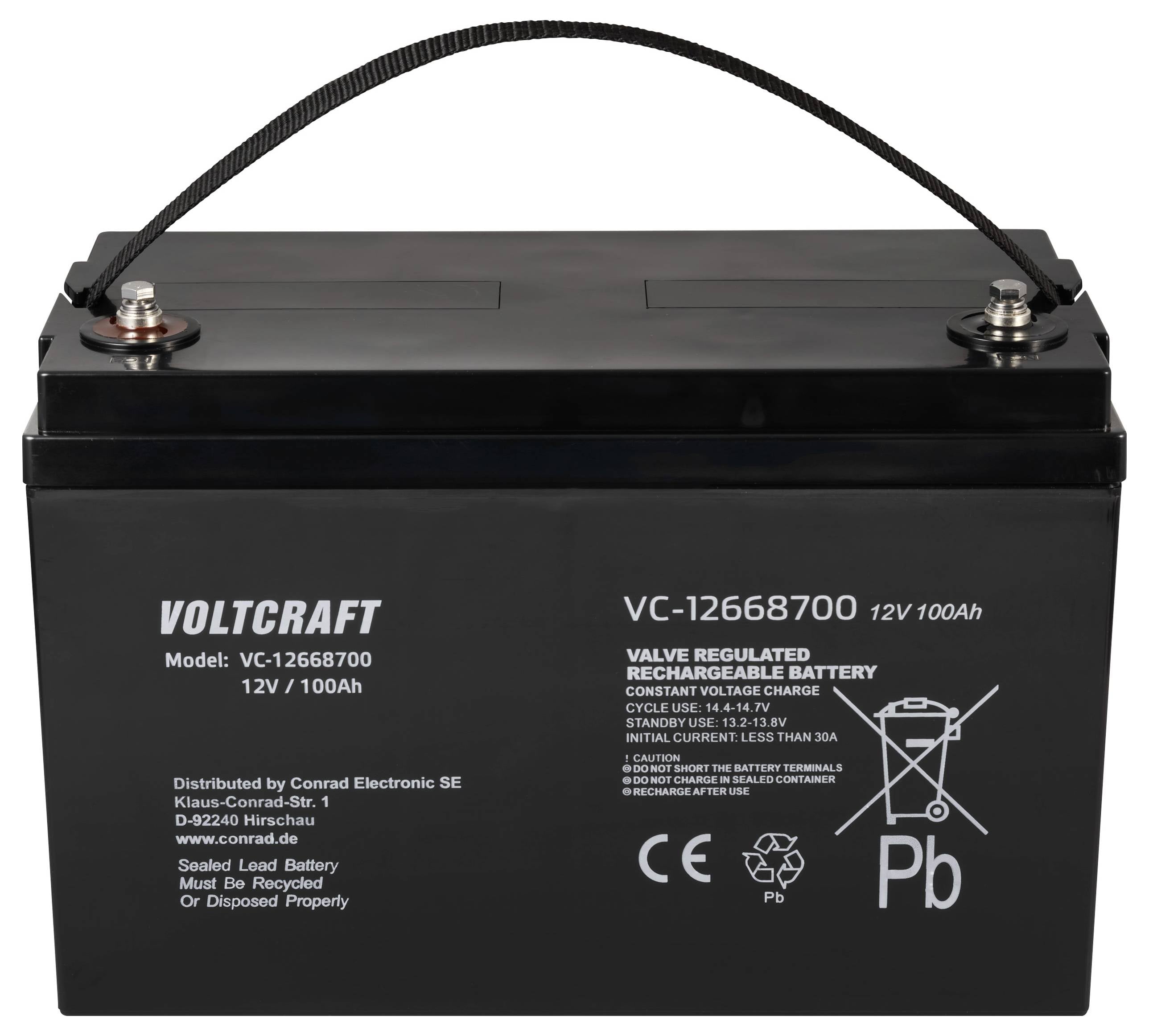 'Voltcraft 12V 100Ah akumulator, model VC-12668700, za punjive primjene. Sukladan s CE i Pb direktivama.'