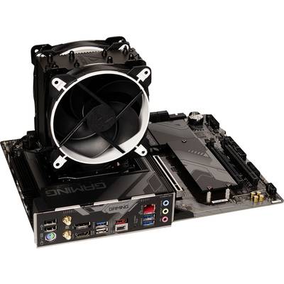Računalna matična ploča s instaliranim CPU hladnjakom. Vidljivi priključci uključuju USB portove, audio priključke i LAN port.