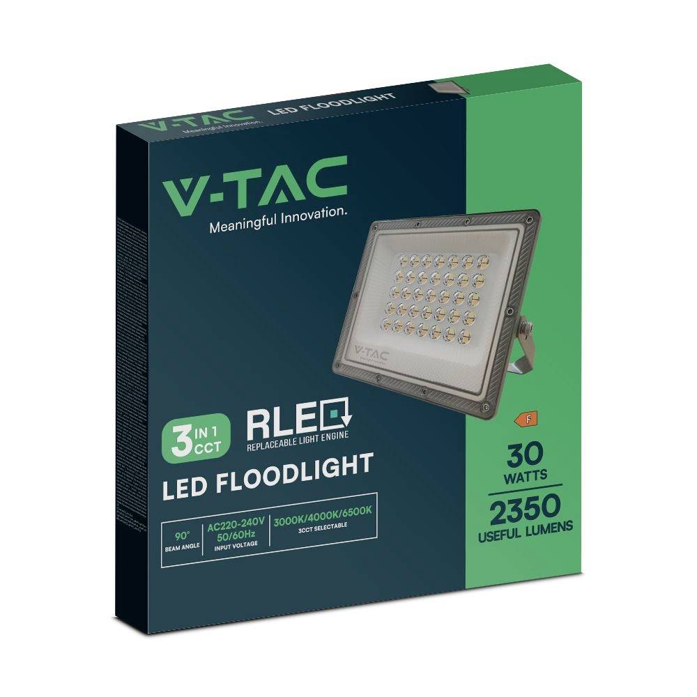 Pakiranje V-TAC LED reflektora, 30 W, 2350 lumena, 3-u-1 CCT, s prikazom proizvoda i tehničkim specifikacijama.