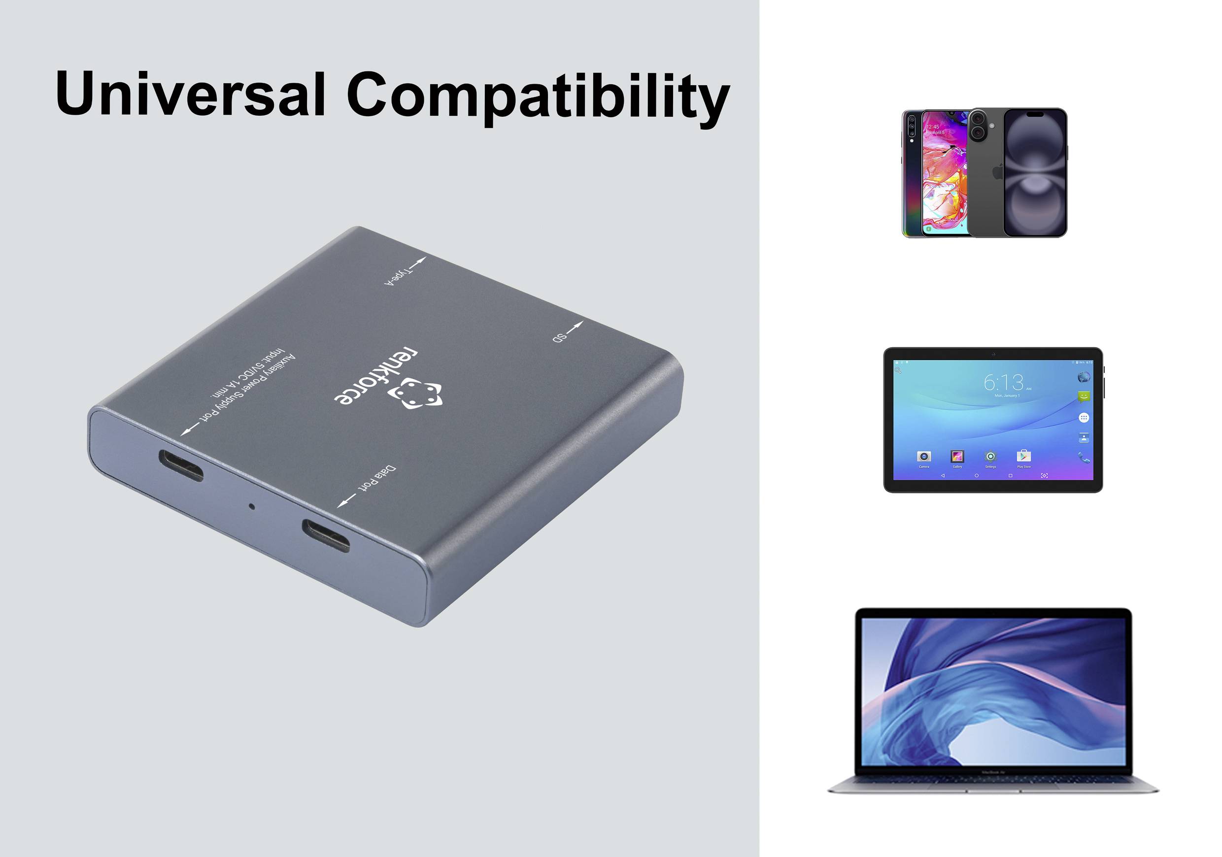 Punjač 'Univerzalne kompatibilnosti', kompatibilan s različitim uređajima: pametni telefon, tablet, prijenosno računalo.