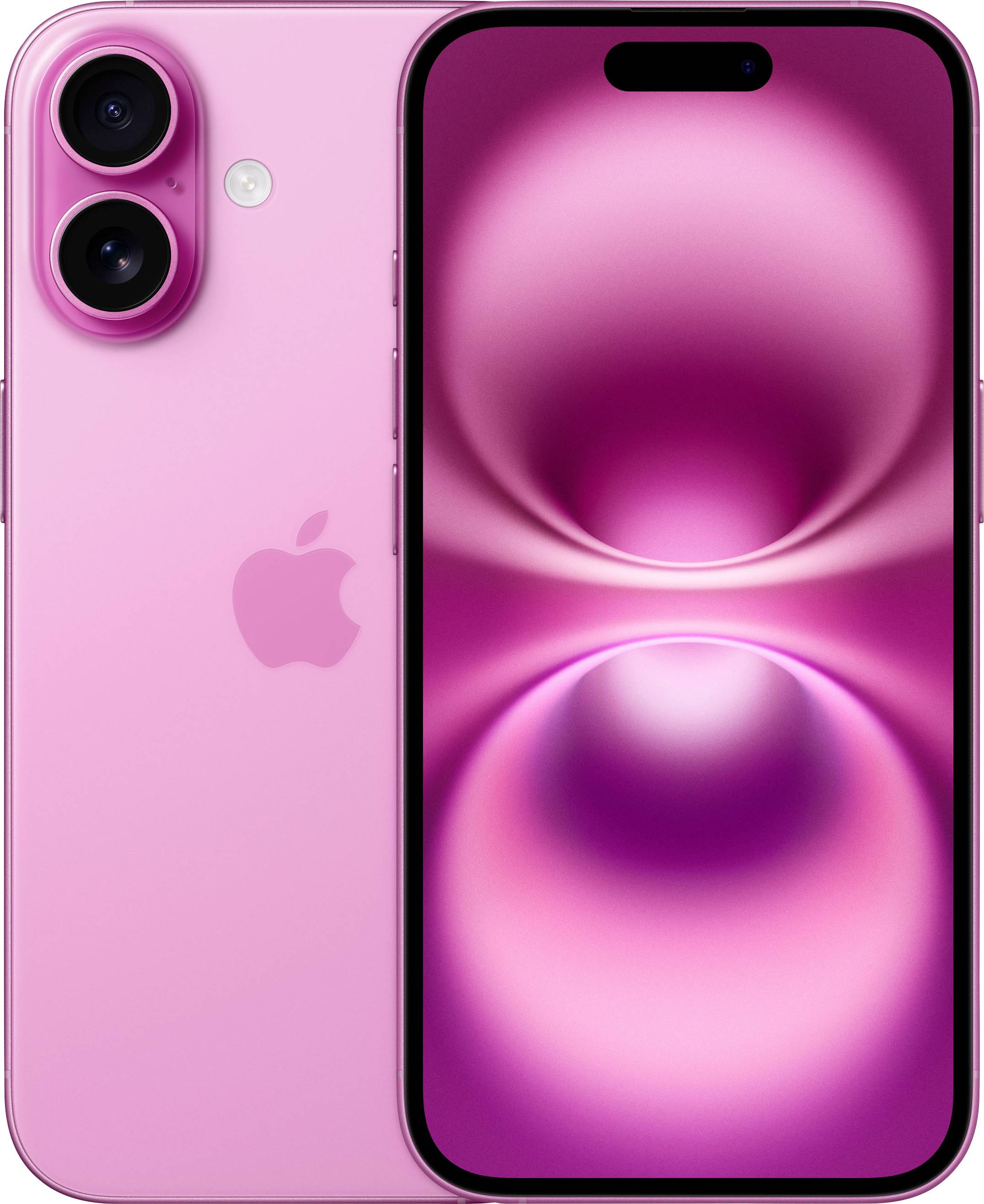 Rozi smartphone s dvije kamere, Apple logotipom na poleđini i zaslonom koji svijetli prikazujući kružne uzorke.