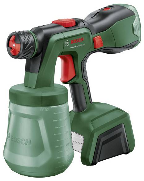 Zeleni Bosch raspršivač boje s ergonomskom ručkom i mjernom skalom na spremniku, pogodan za projekte DIY majstorenja.