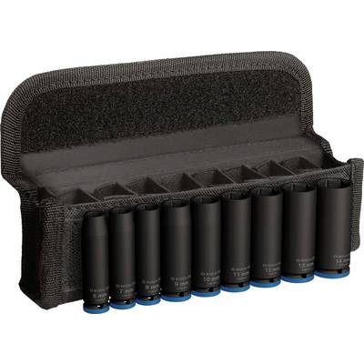 Set od deset crnih nasadnih ključeva u preklopnoj crnoj tekstilnoj torbi, veličina od 6 do 14 mm.