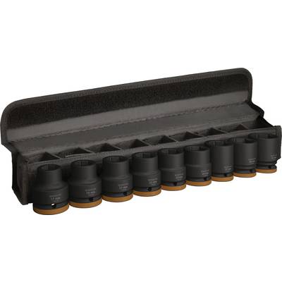 Osam utičnih ključeva u otvorenoj kutiji za pohranu. Veličine se kreću od 10 mm do 19 mm, zaštićene tekstilnim pokrovom.