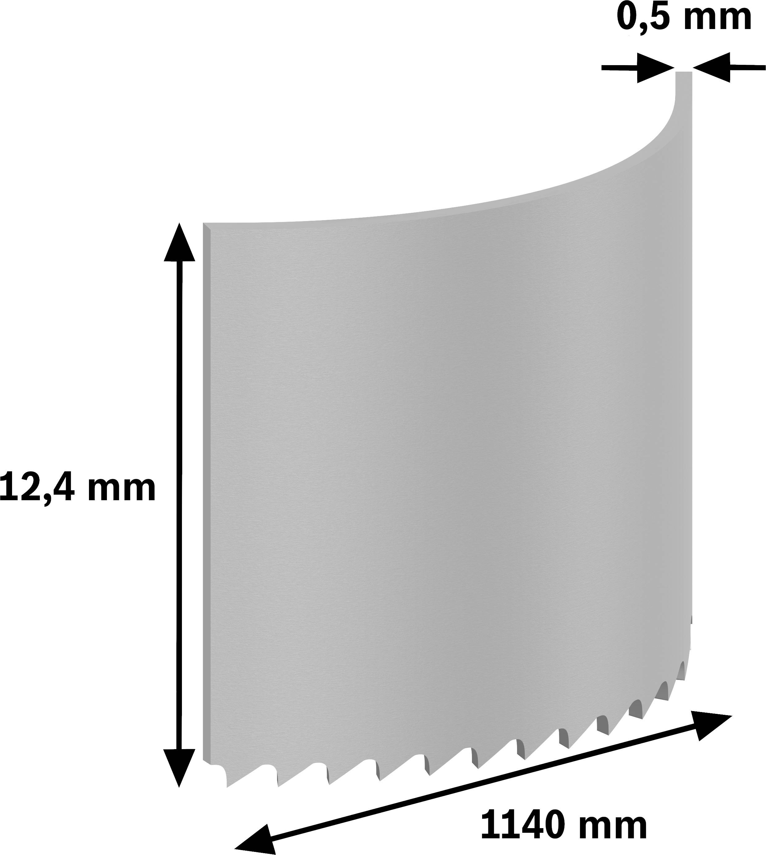 List za rezanje metala u srebrnoj boji dimenzija 12,4 mm visine, 0,5 mm debljine i 1140 mm duljine.