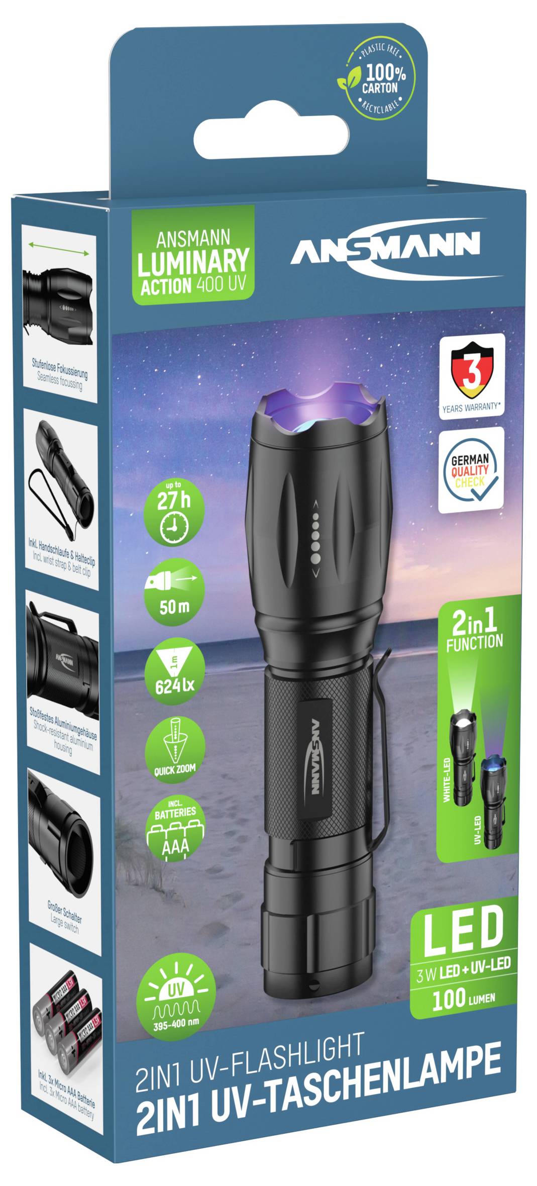 Ambalaža 2-u-1 UV-LED džepne svjetiljke marke Ansmann, prikazuje svjetiljku s njezinim funkcijama i specifikacijama poput intenziteta svjetla i trajanja baterije.