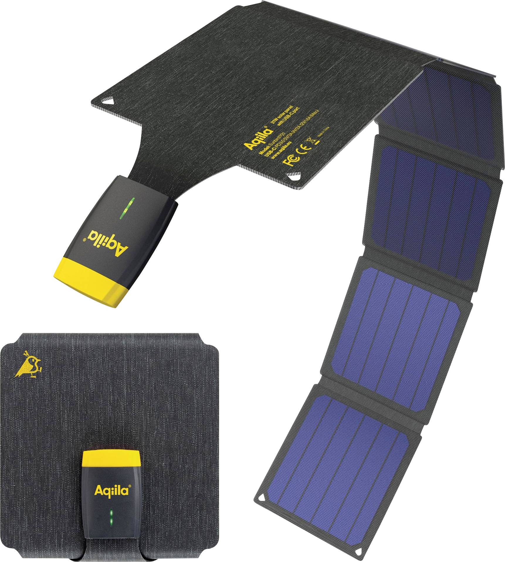 Kompaktni sklopivi solarni punjač s tri plava solarna panela i USB priključkom. Prenosiv i idealan za punjenje tijekom puta.