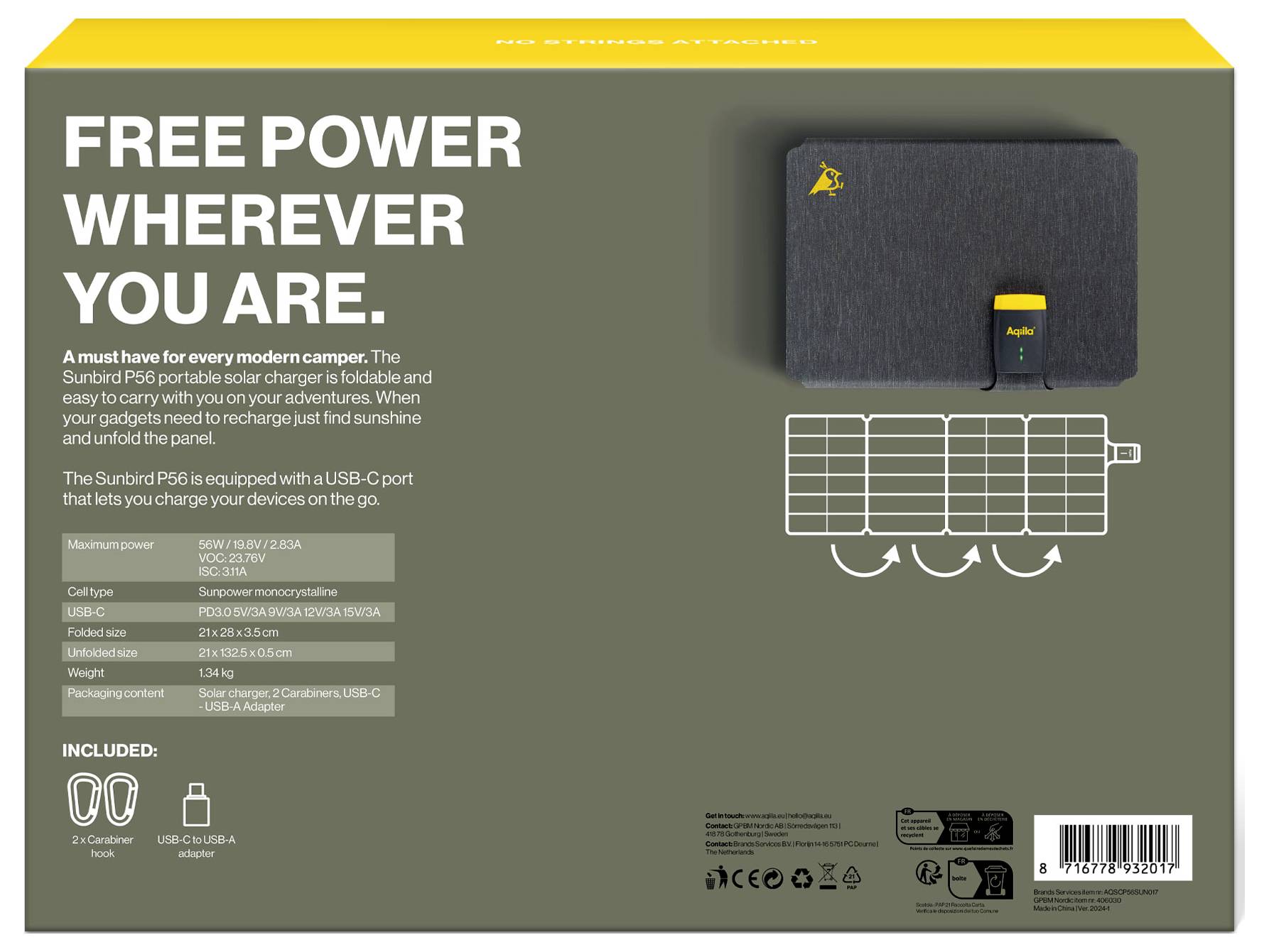 Sunbird PS6 prijenosni solarni punjač - Sklopiv, lagan, idealan za outdoor avanturu. USB-C priključak, iskoristi sunčevu energiju. Uključuje 2x kabela, 1x korisnički priručnik.