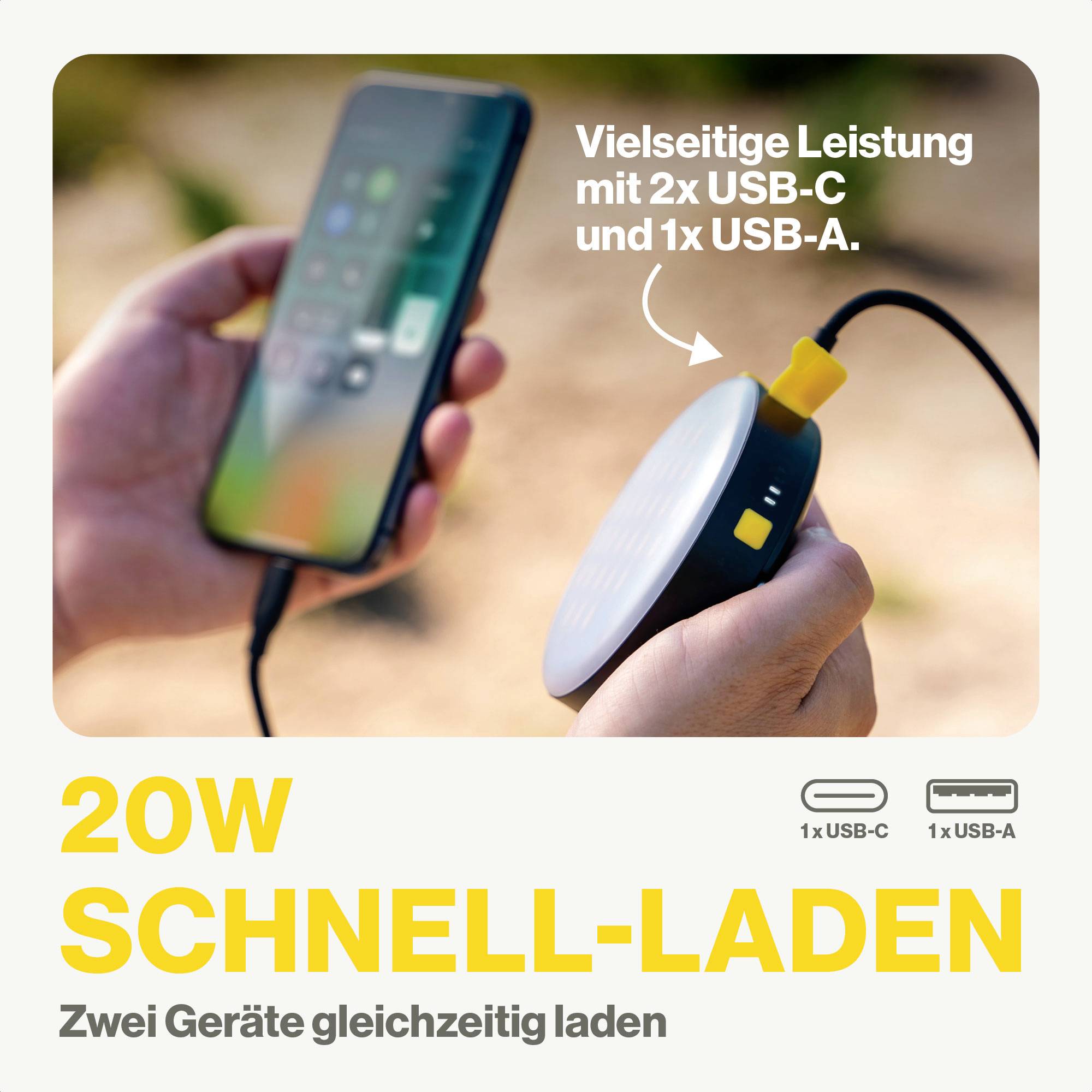 Osoba drži mobilni punjač i puni pametni telefon. Tekst na slici: 'Višestruka funkcionalnost s 2x USB-C i 1x USB-A', '20W brzo punjenje'.