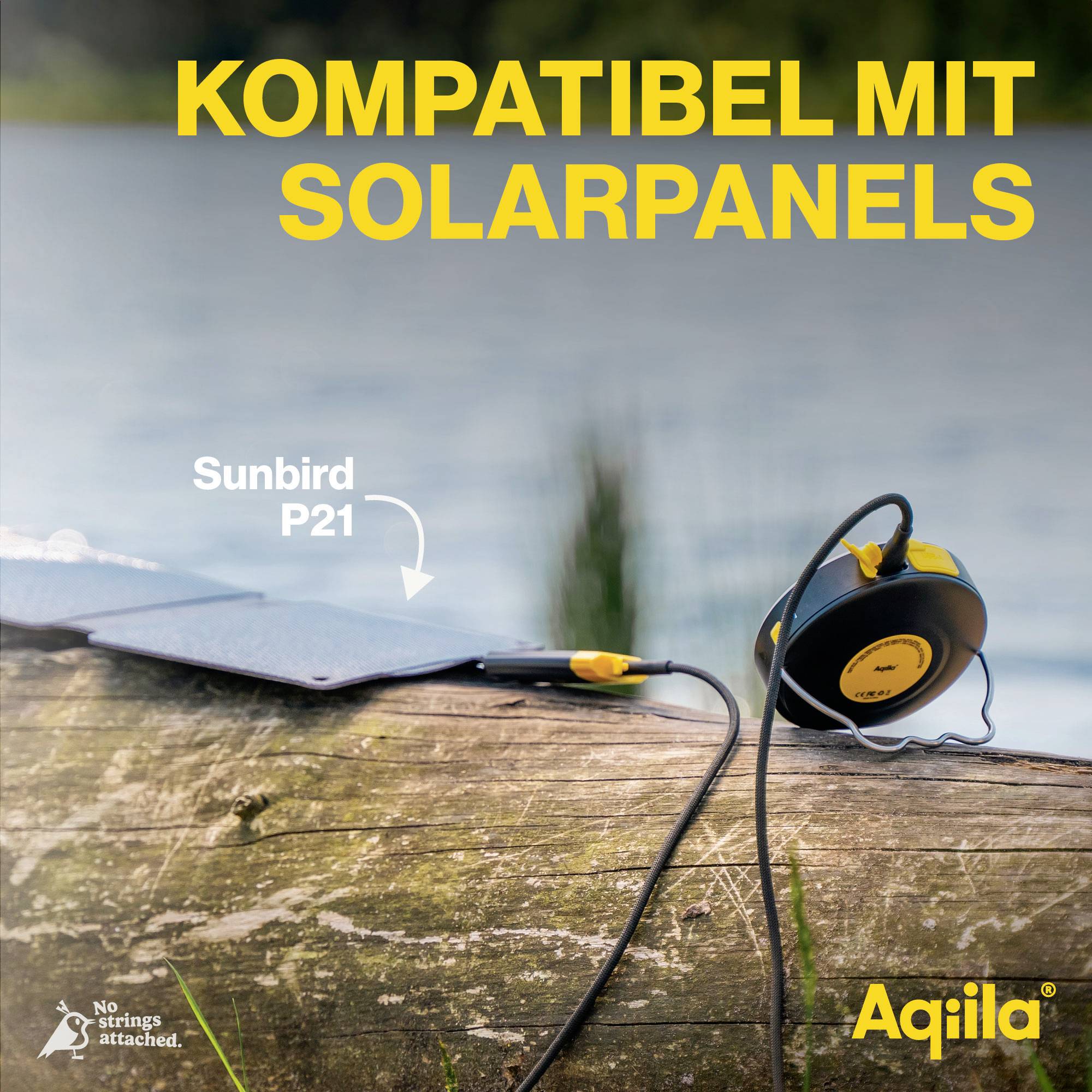 'Sunbird P21' leži na deblu stabla i spojen je na solarne panele. Tekst 'Kompatibilan sa solarnim panelima' pojavljuje se gore.