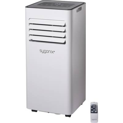 Klimatski uređaj Sygonixa s ventilacijskim otvorima sprijeda i tipkama za upravljanje gore. Pokraj njega se nalazi daljinski upravljač.