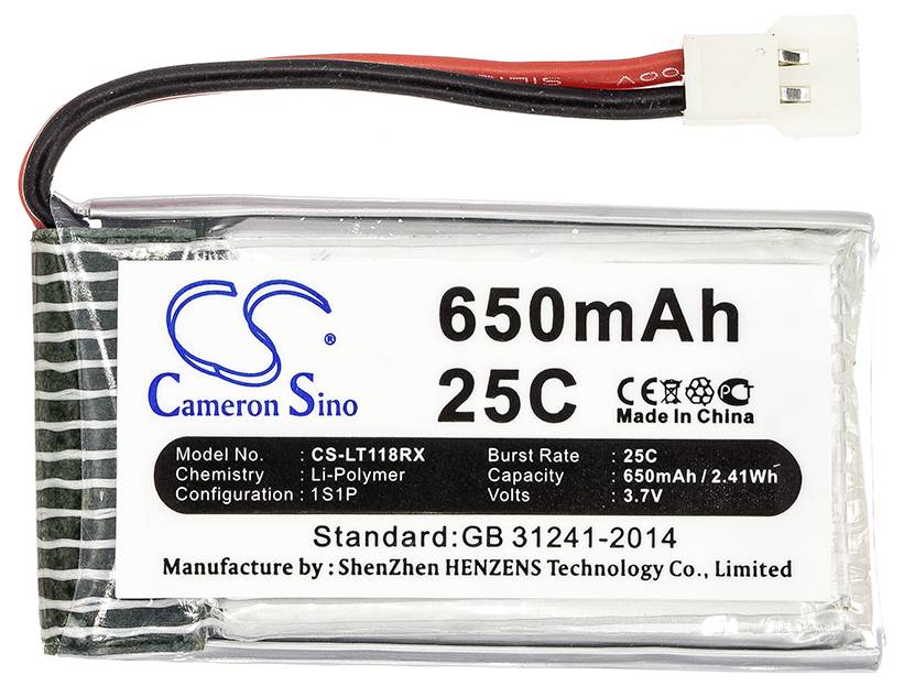 Baterija kapaciteta 650mAh, stopa pražnjenja 25C, Li-Polymer tehnologije tvrtke Cameron Sino; proizvedena u Kini.
