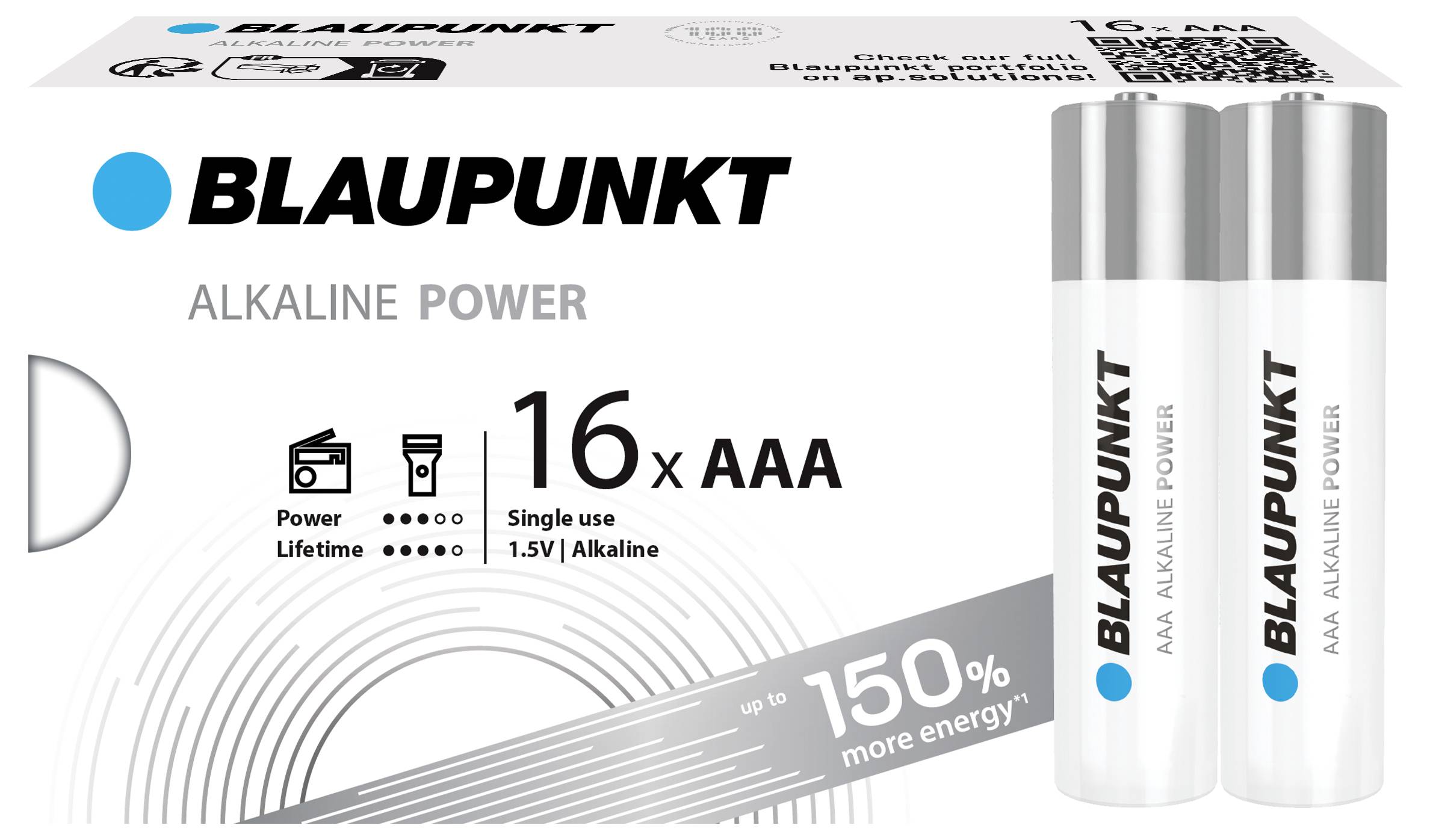 Paket i dvije alkalijske AAA baterije marke Blaupunkt, na kojima piše "do 150% više energije".