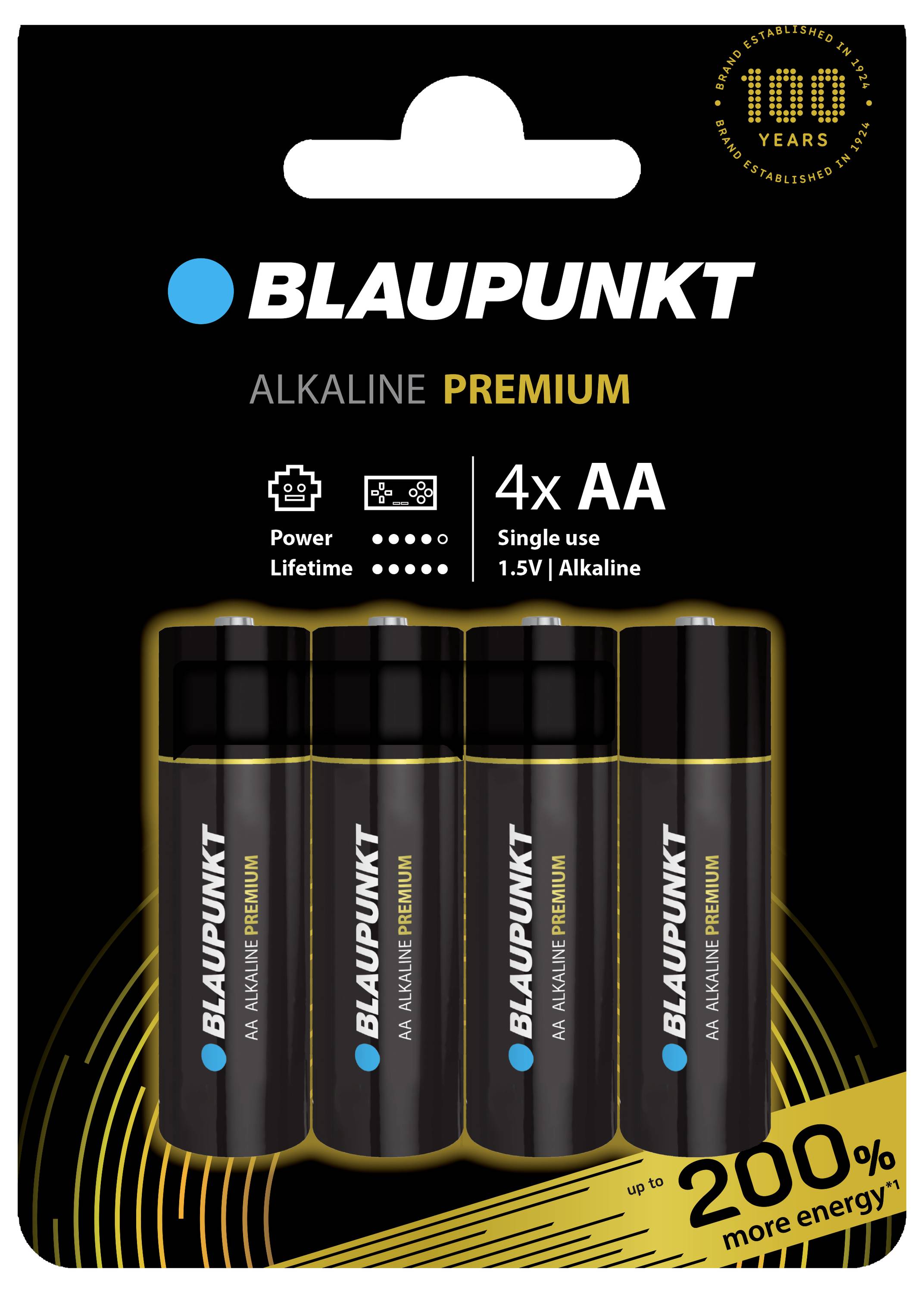 Blaupunkt Alkaline Premium baterije, paket od 4 komada, 1,5V AA, obećavaju do 200% više energije. Crna ambalaža s plavo-žutim detaljima.