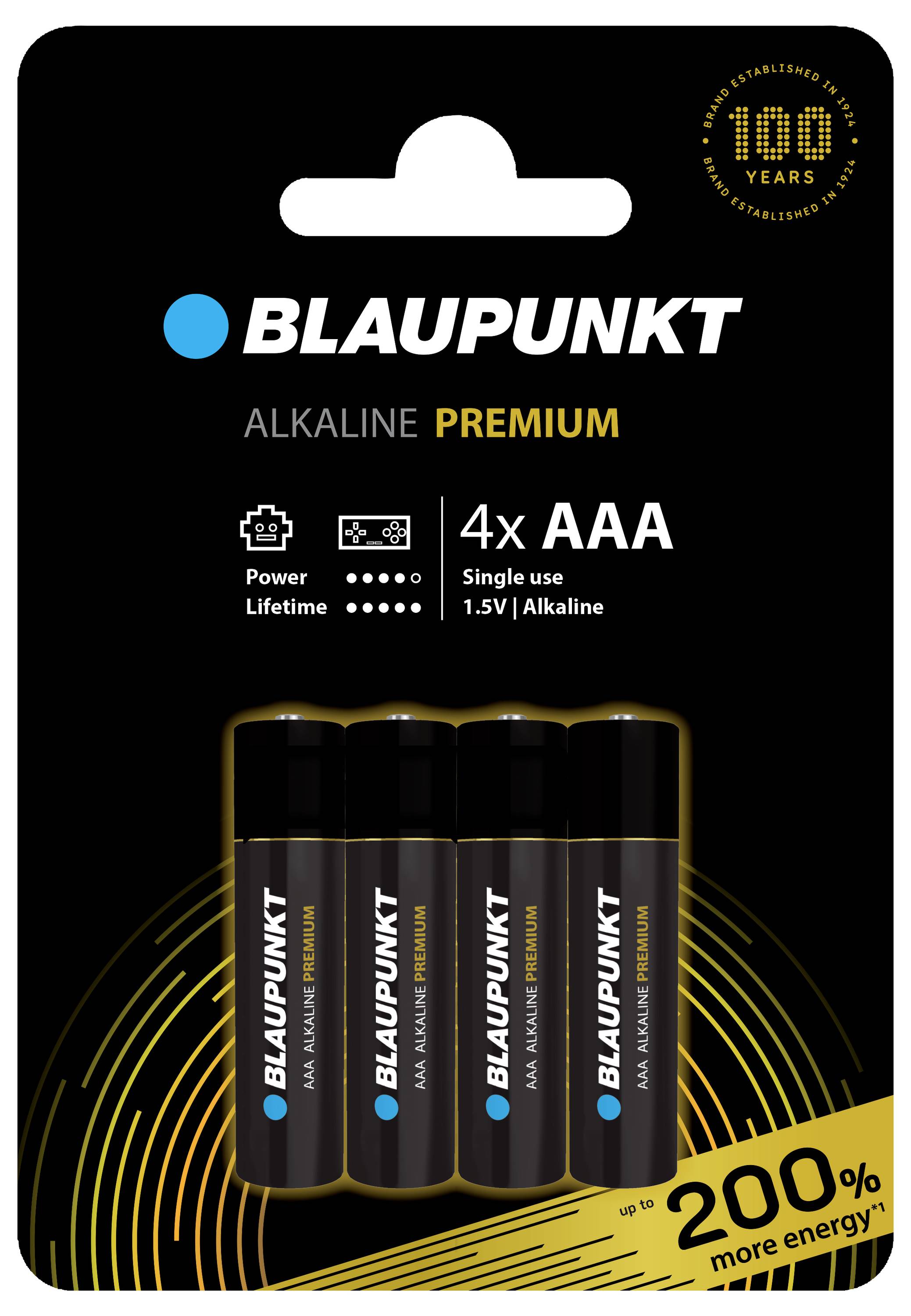 'Četiri AAA-alkalijske baterije marke Blaupunkt u jednom pakiranju. Istaknuto: 200% više energije i 100 godina jubileja.'