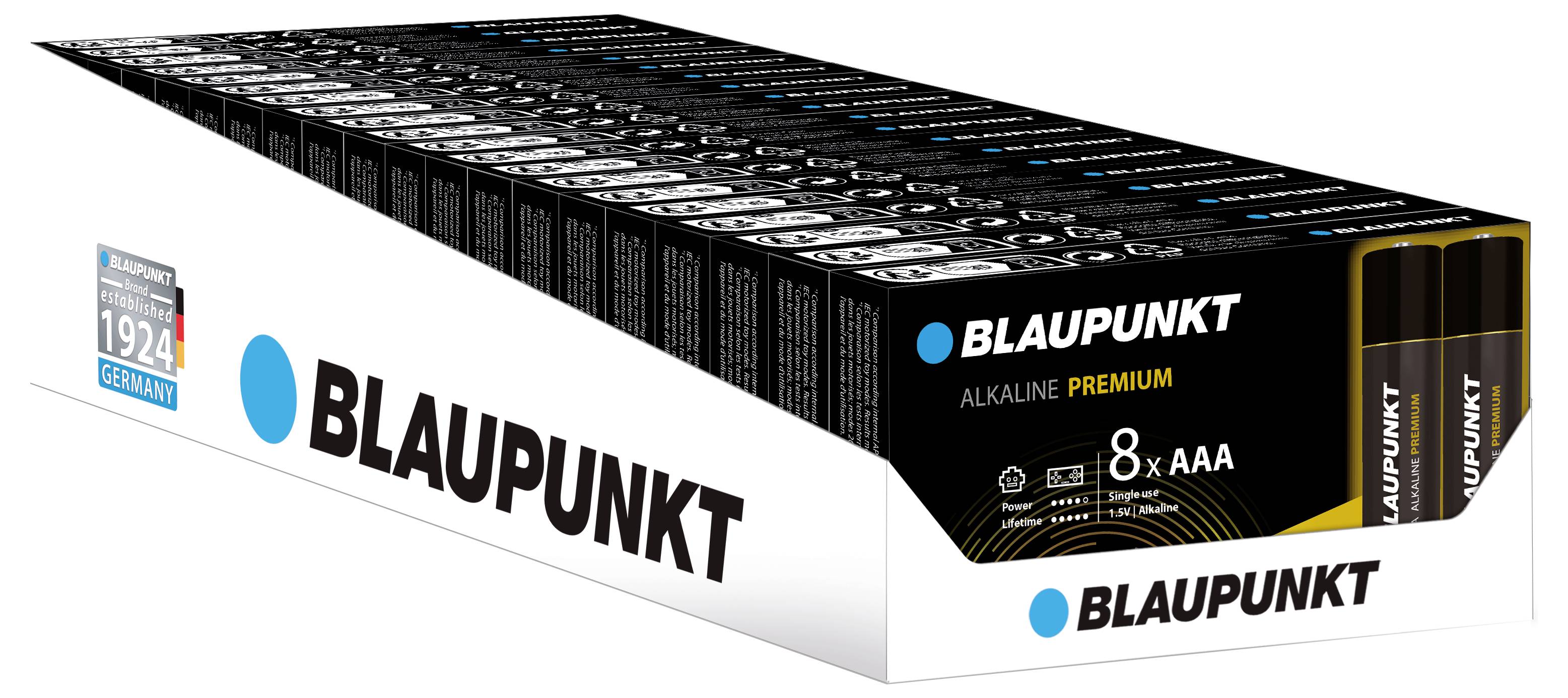 Veliko pakiranje baterija marke Blaupunkt, sadrži 8 AAA alkalnih baterija, pogodnih za različite elektroničke uređaje.