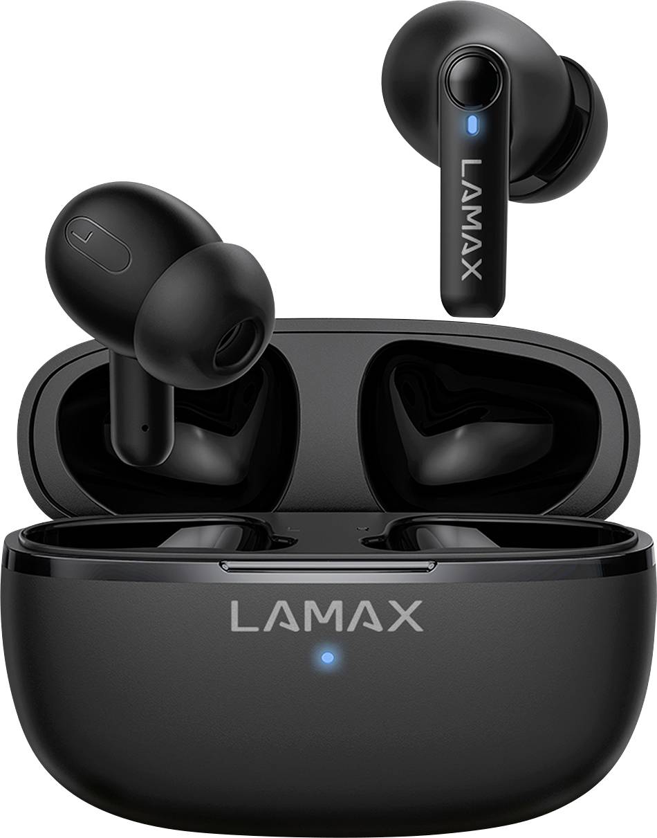 Bežične crne in-ear slušalice 'LAMAX' s punjačem, svijetloplavo indikatorsko svjetlo pokazuje stanje punjenja.