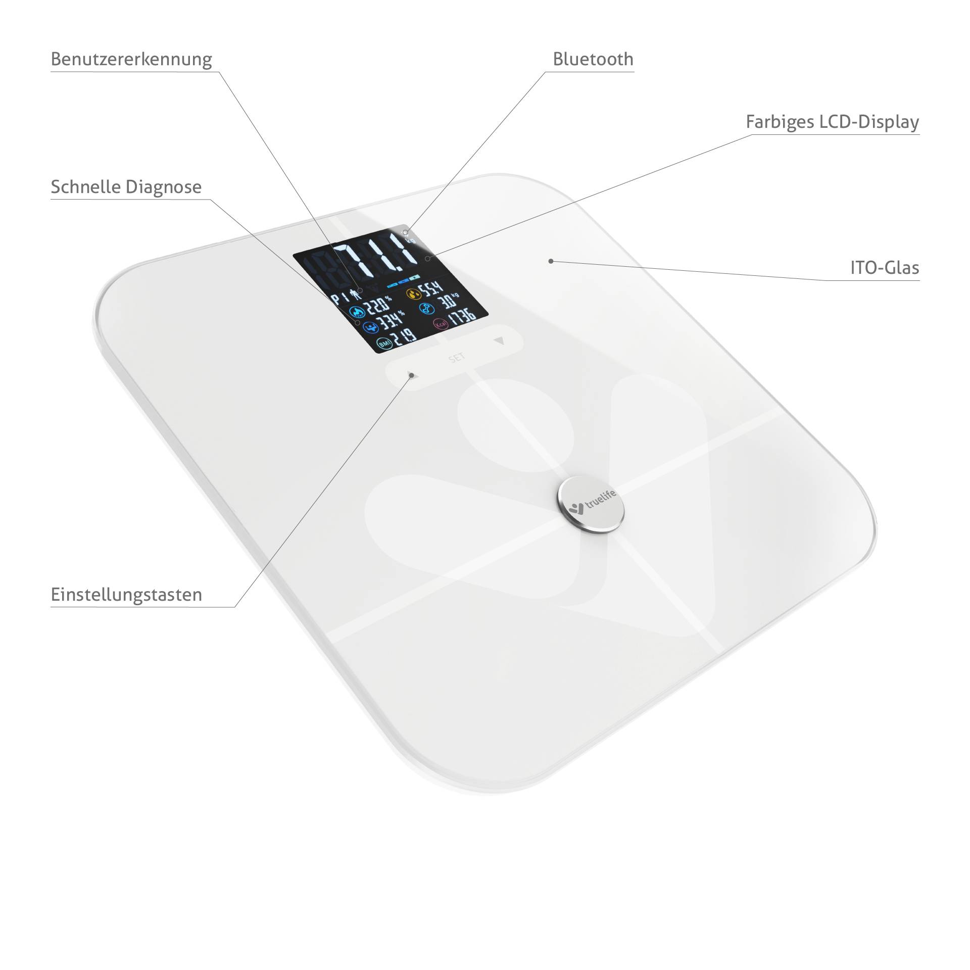 Digitalna osobna vaga s prepoznavanjem korisnika, Bluetooth funkcijom, obojenim LCD zaslonom, ITO staklom i tipkama za brze dijagnoze.