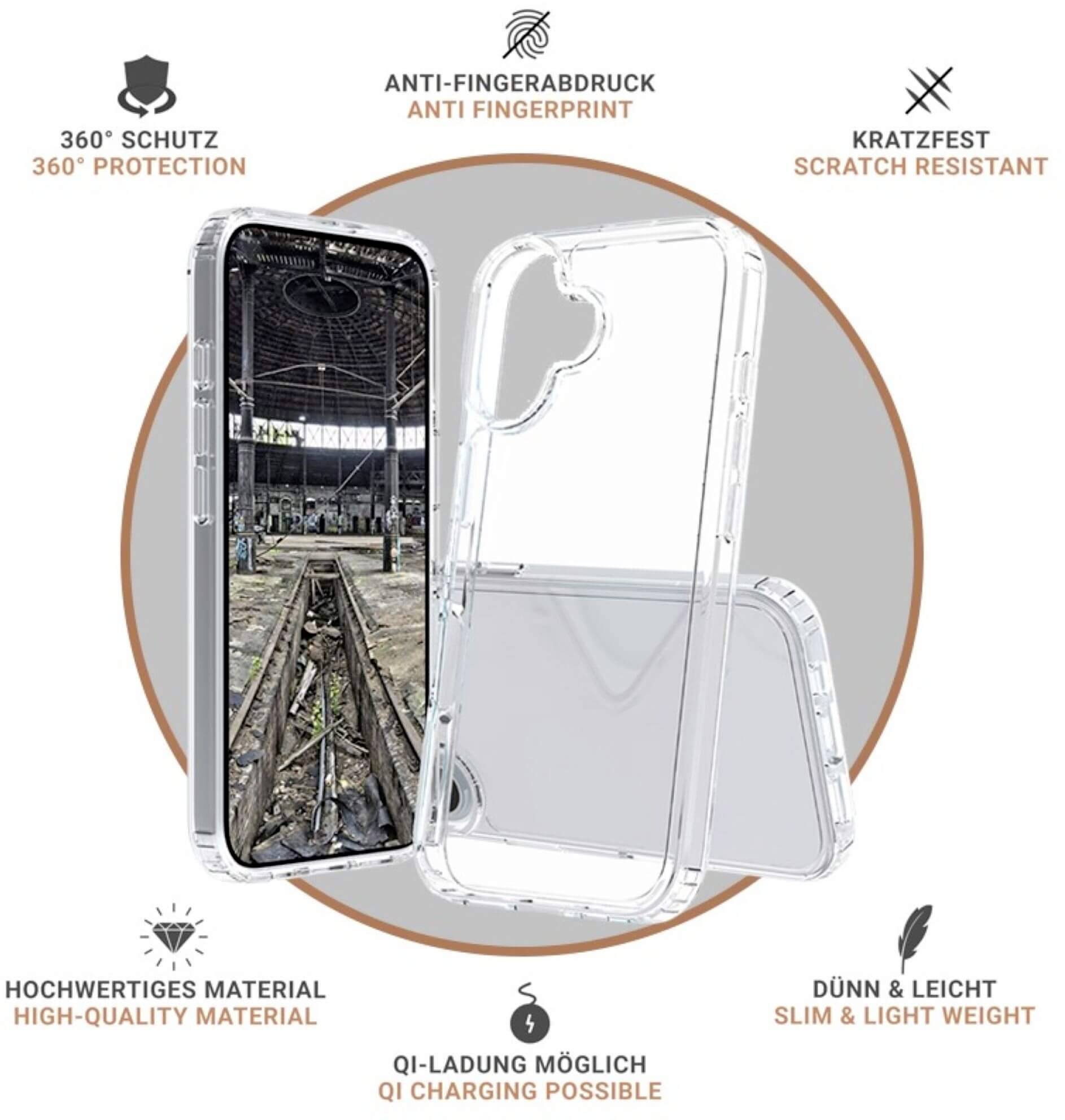 Prozirna maskica za mobitel s integriranom držačem. Karakteristike: otporna na ogrebotine, otporna na otiske prstiju, 360° zaštita, kompatibilna s bežičnim punjenjem.