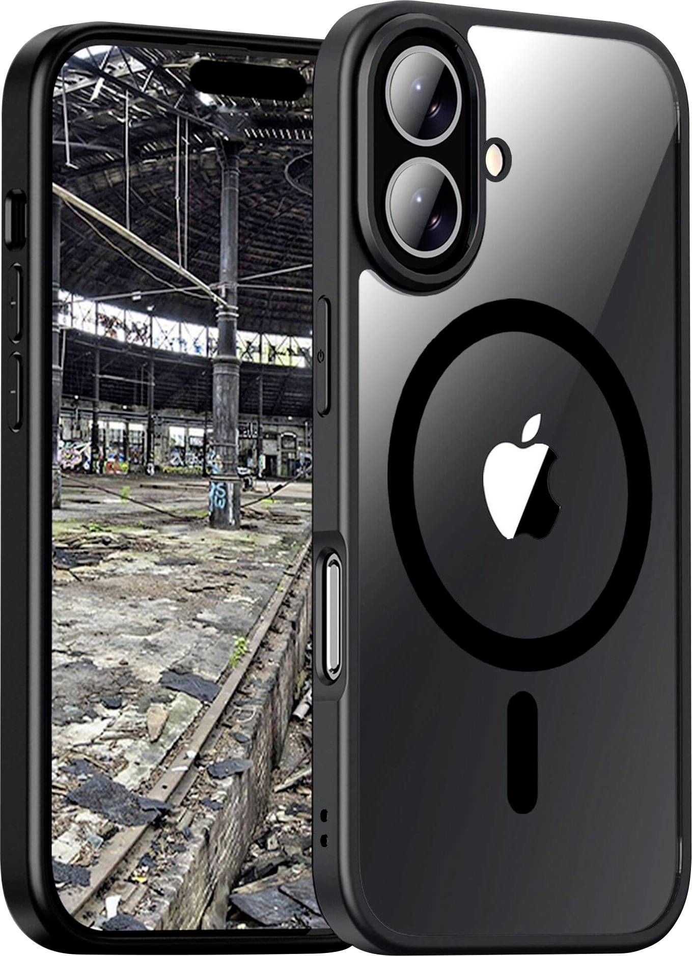 Pametni telefon s prikazom napuštene industrijske hale na zaslonu. Stražnja strana telefona prikazuje poznati logotip tvrtke.
