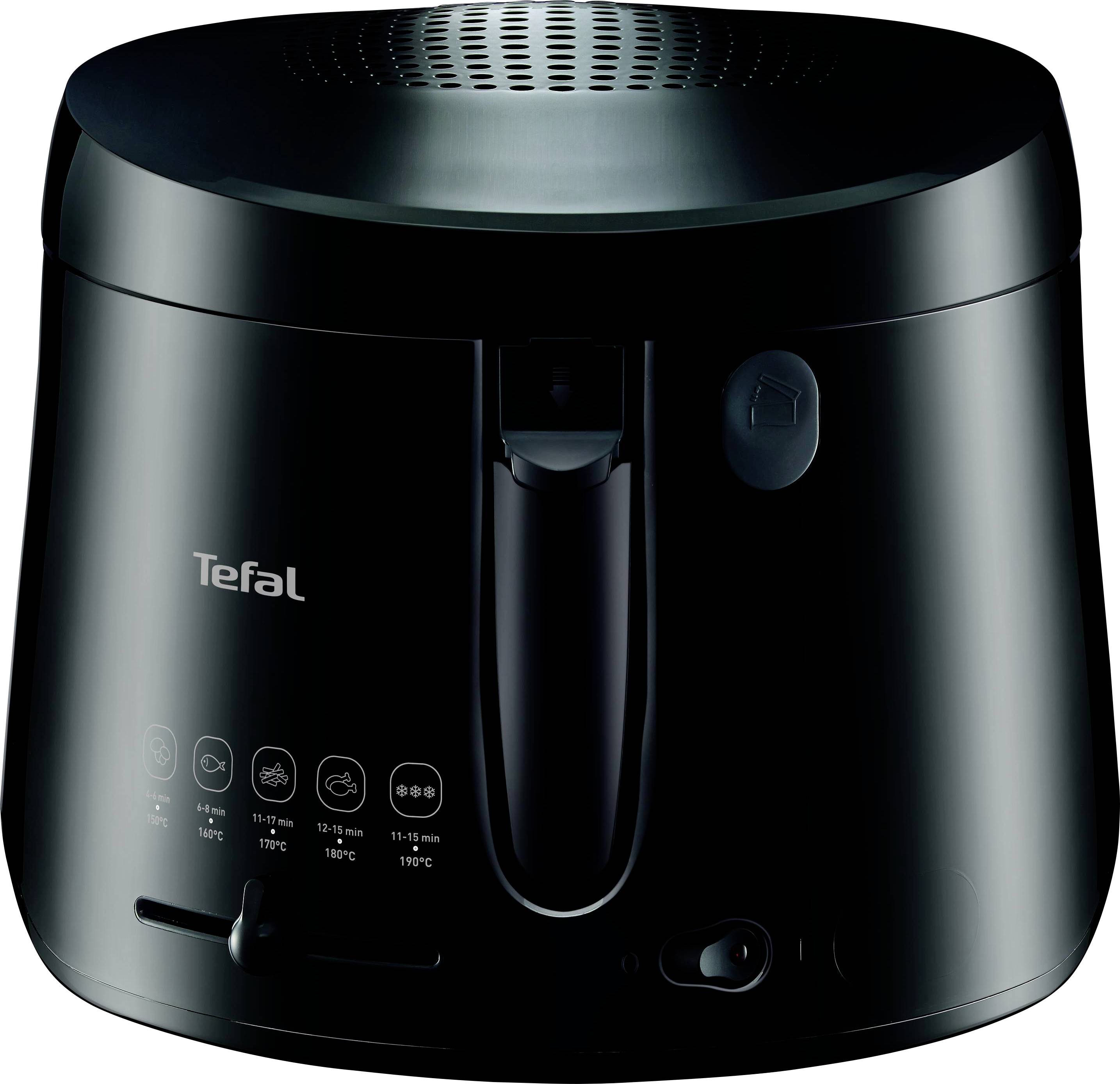 Crna Tefal friteza s regulatorom temperature i kontrolnim lampicama na prednjoj strani.