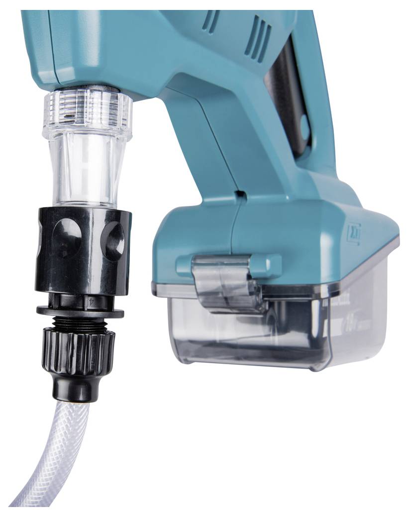 Priključak za vodu na plavom visokotlačnom čistaču s prozirnom posudom za sredstvo za čišćenje.