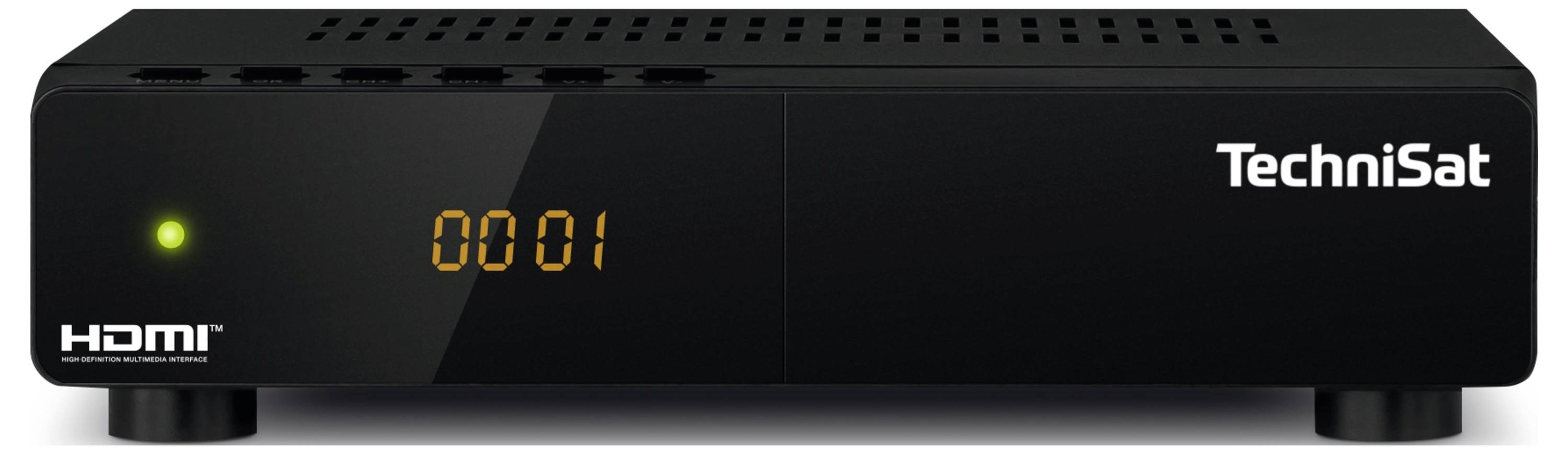 Crni TechniSat DVB receiver s digitalnim zaslonom '0001' na prednjoj strani i svijetlećom zelenom LED lampom lijevo.