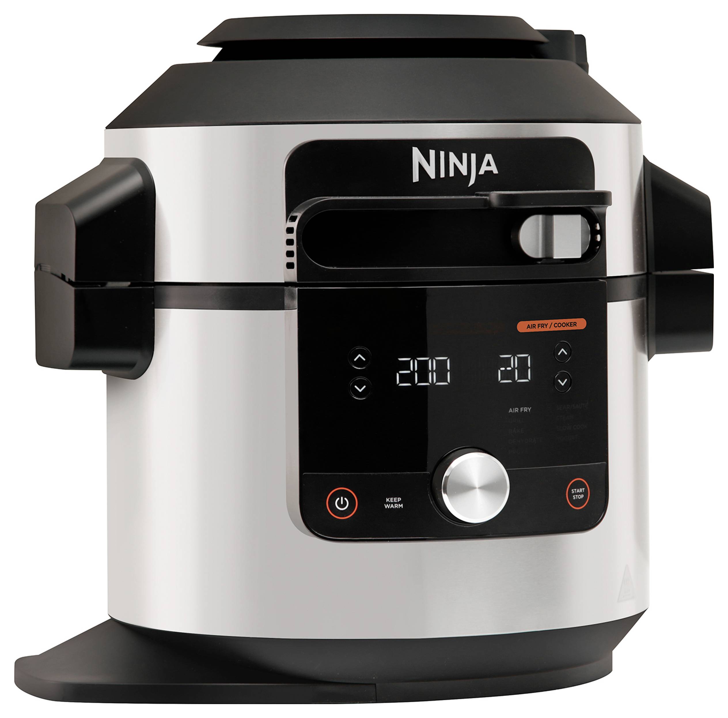 Srebrni air fryer s digitalnim prikazima na prednjoj strani koji pokazuju temperaturu i vrijeme kuhanja.