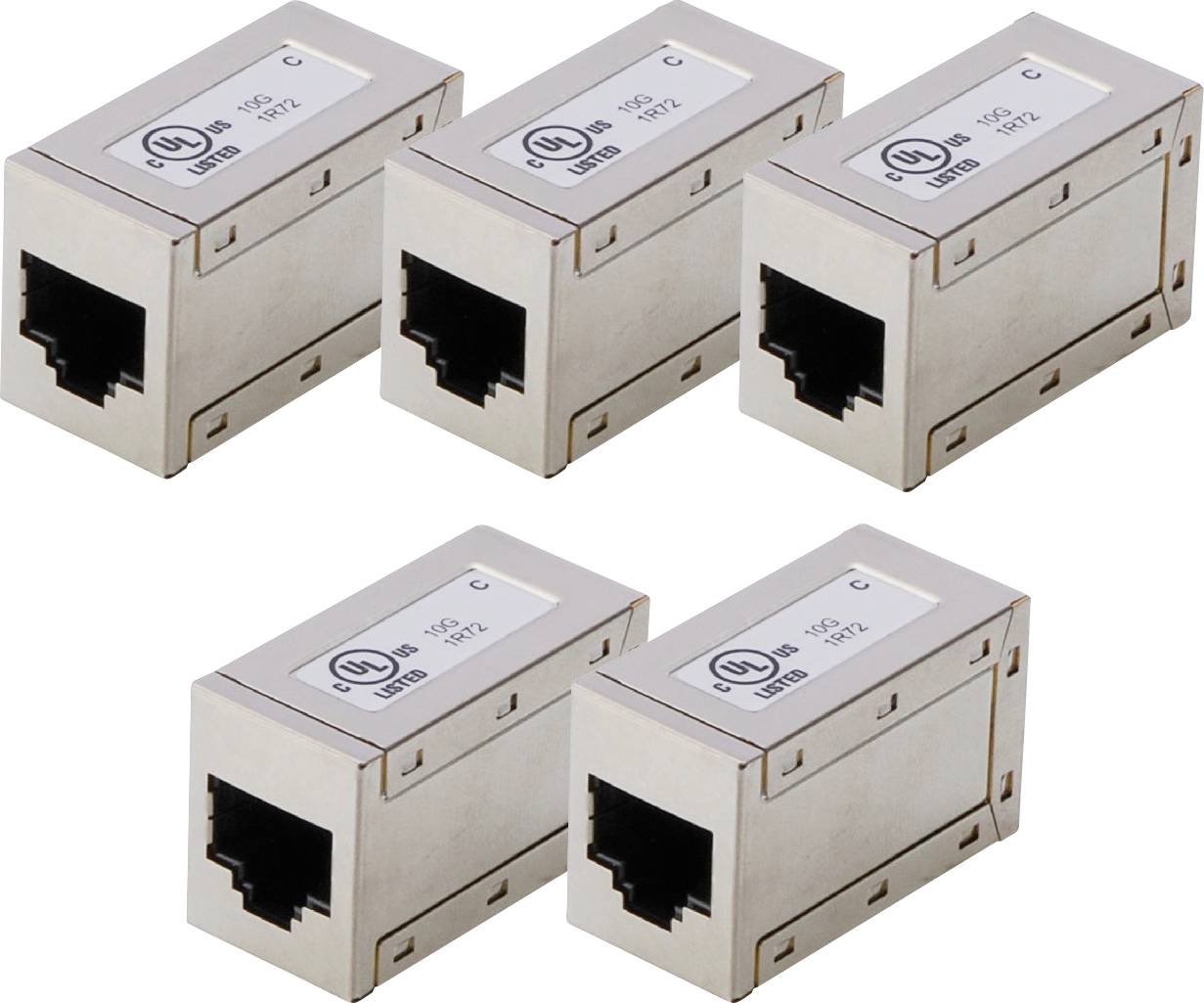 Pet RJ45 keystone utičnica jedna do druge. Svaka utičnica ima UL logo na vrhu i namijenjena je za mrežne spojeve.