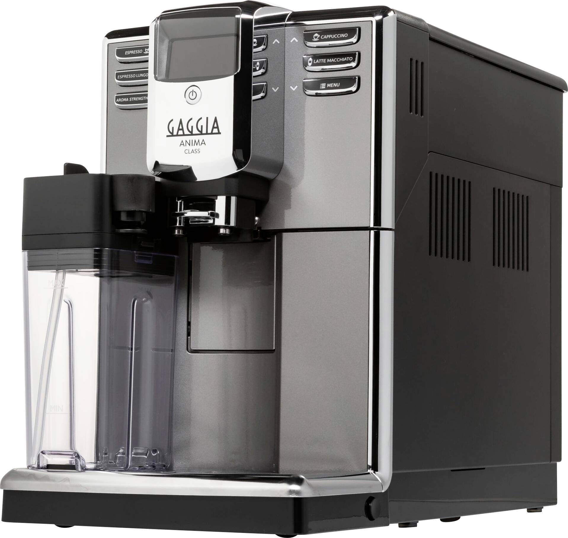 Srebrni automatski aparat za kavu s vodenim spremnikom i upravljanjem putem tipki, marke 'Gaggia Anima Class', kompaktan i modernog dizajna.